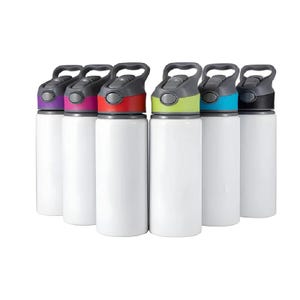 May include: A set of six cylindrical white water bottles, each featuring a grey plastic lid with a carry handle and a push-button release mechanism. The lids are accented with different coloured bands in purple, pink, red, lime green, blue, and black.