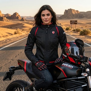 以下が含まれることがあります： 赤のアクセントが付いた黒いバイクジャケット、お揃いのヘルメットと手袋。ジャケットにはドゥカティのロゴが入っています。バイクは黒と赤のディテールです。砂漠の道でのシーンです。