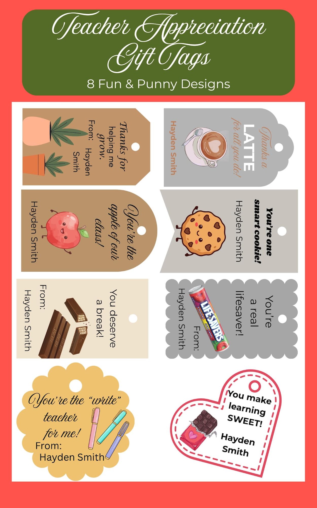 Teacher Gift Tags Printable Bundle, 8 Appreciation Designs, Instant ...