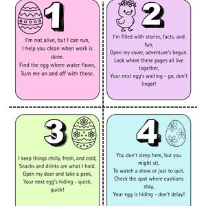 May include: A colorful Easter egg hunt clues sheet with four riddles. Each clue is in a different colored box with an Easter egg illustration and a number. The text includes riddles to find hidden Easter eggs.