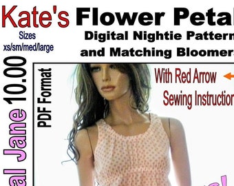 Kate' Flower Petal Nightie and Matching Bloomers PDF Pattern with Red Arrow Instructions  - pattern, nighties,  lingerie, bloomers, wedding