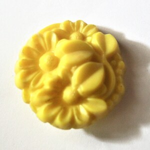 May include: A yellow plastic button with a floral design. The button is round and has a raised design of flowers and leaves.