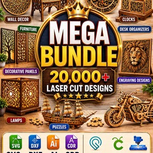 May include: A digital collection of 20,000+ laser cut designs featuring wooden wall decor, furniture, clocks, desk organizers, decorative panels, lamps, and puzzles. Includes file formats SVG, DXF, AI, and CDR for Glowforge, Cricut, and CNC machines.