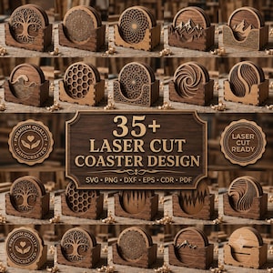 May include: A collection of 35+ laser cut coaster designs featuring various patterns like trees, mountains, waves, and geometric shapes. The set includes digital files in SVG, PNG, DXF, EPS, CDR, and PDF formats, displayed in wooden holders.