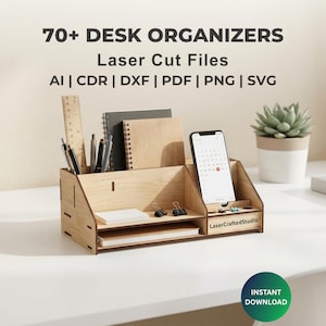70+ Laser cut desk organizer | svg dxf cnc files | wooden desk & storage box design