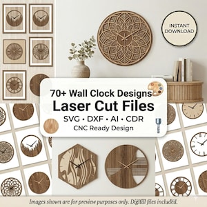 Más de 70 archivos de relojes de pared cortados con láser / Diseños de decoración de madera CNC en formato SVG y DXF (descarga digital)