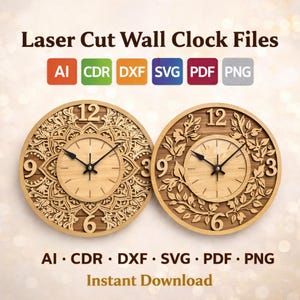 May include: Two wooden laser-cut wall clocks with intricate designs. One clock features a mandala-like pattern, the other has a floral design. The clocks have black hands and the numbers 12, 3, 6, and 9. Text at the top reads "Laser Cut Wall Clock Files".