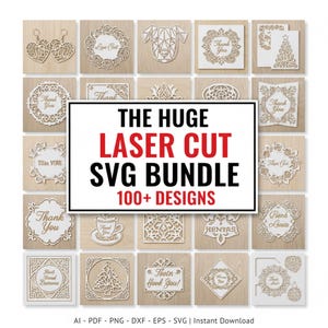 Puede incluir: Una colección de diseños SVG cortados con láser, que incluyen coronas florales, un perro geométrico y elementos temáticos de vacaciones. El texto central dice "THE HUGE LASER CUT SVG BUNDLE 100+ DESIGNS". Los diseños se muestran en cuadrados de madera.