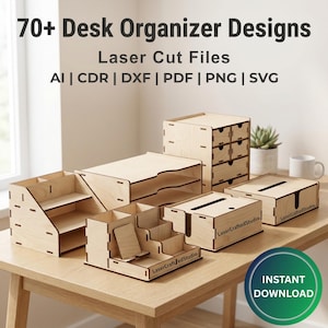 Op de afbeelding: Een verzameling lasergesneden houten bureau organizers, waaronder gelaagde trays, lades en een tissuebox. De afbeelding toont de tekst "70+ Desk Organizer Designs" en "Laser Cut Files". Een groene cirkel met "INSTANT DOWNLOAD".