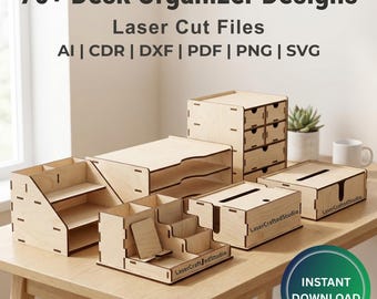 70+ Laser Cut Desk Organizer Bundle, CNC Wood Office Files, DXF AI Digital Download