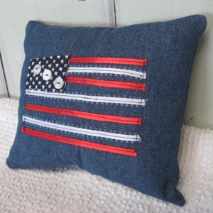 Pillow Americana Flag Pillow Small Denim Navy Red White Ribbons and Buttons Patriotic Home Decor image 3