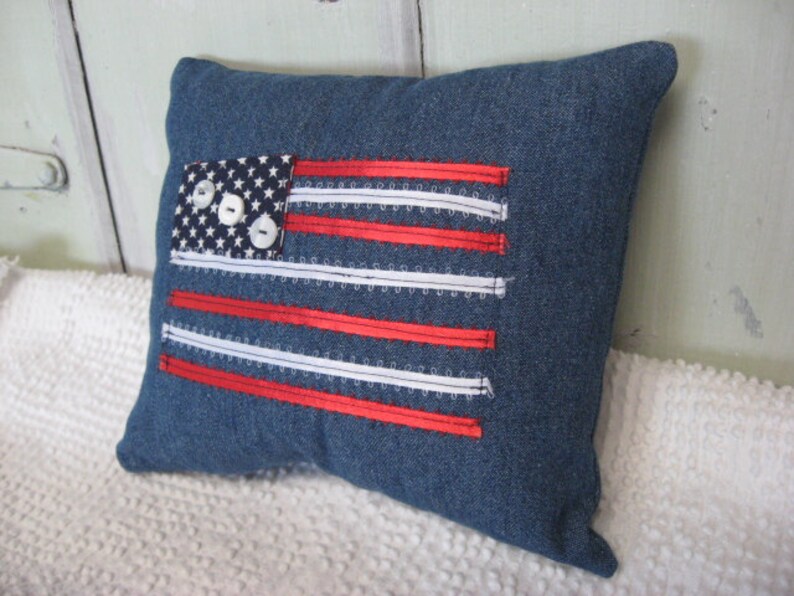 Pillow Americana Flag Pillow Small Denim Navy Red White Ribbons and Buttons Patriotic Home Decor image 3