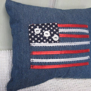Pillow Americana Flag Pillow Small Denim Navy Red White Ribbons and Buttons Patriotic Home Decor image 2