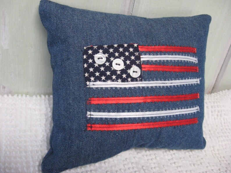 Pillow Americana Flag Pillow Small Denim Navy Red White Ribbons and Buttons Patriotic Home Decor image 2