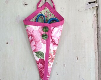 Peony Rose Print Scissor Holder: Quilted Fabric, Bright Pink Border,  Sewing Accessory