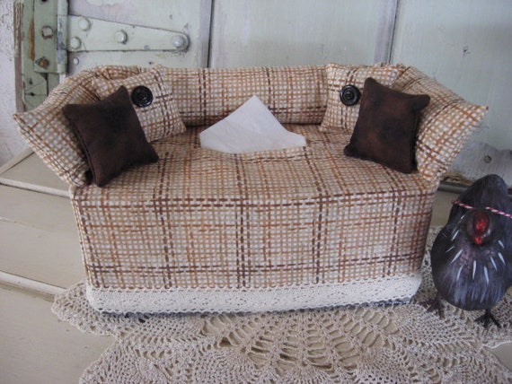 Couch Tissue Box Cover Mini Couch Brown Rust Tan Weave Print Etsy