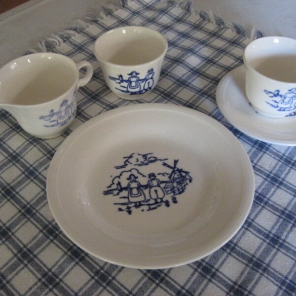 1940's Vintage 14 Piece Set of Childrens Dish Set Dutch Boy and Girl Blue on White Edwin M. Knowles