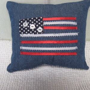 Pillow Americana Flag Pillow Small Denim Navy Red White Ribbons and Buttons Patriotic Home Decor image 1