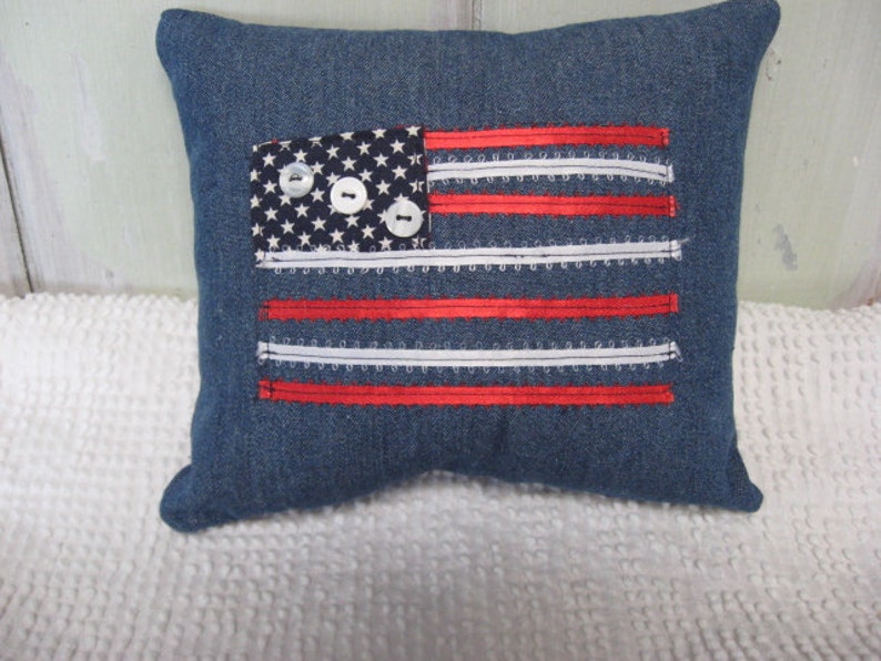 Pillow Americana Flag Pillow Small Denim Navy Red White Ribbons and Buttons Patriotic Home Decor image 1