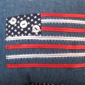 Pillow Americana Flag Pillow Small Denim Navy Red White Ribbons and Buttons Patriotic Home Decor image 4