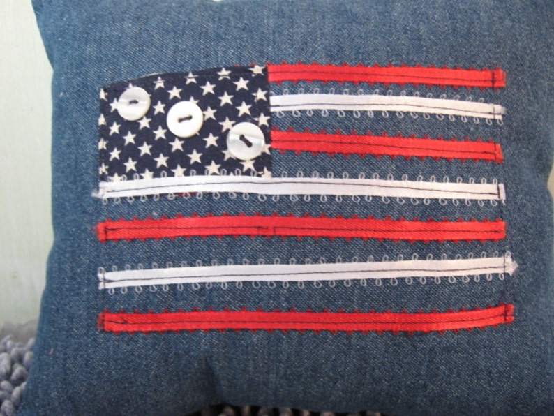 Pillow Americana Flag Pillow Small Denim Navy Red White Ribbons and Buttons Patriotic Home Decor image 4