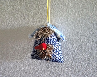 Quilted Mini Birdhouse Ornament: Blue Floral Roof, Red Cardinal