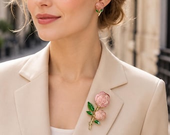 Pink Rose Brooch & Earrings Set, Gold Branch Floral Jewelry Set, Elegant Feminine Statement Accessory, Romantic Enamel Flower Gift for Women
