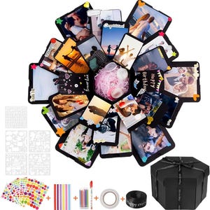 DIY Explosion Gift Box, Black Pop Up Photo Album Scrapbook, Surprise Memory Box for Birthday, Anniversary, Valentine’s Day