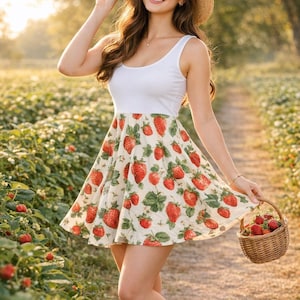 strawberry skater dress Strawberry All Over Printed Fit & Flared Skater Dress (S/M) at Amazon Women's Clothing store