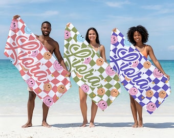 Toalla de playa a cuadros personalizada, toalla retro a cuadros ondulados con nombre personalizado, regalo genial para la piscina y el verano, cuadros retro, toalla con nombre, secado rápido