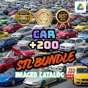 Könnte beinhalten: Luftaufnahme eines Parkplatzes mit vielen Autos in verschiedenen Farben. Der Text lautet "CAR +200 STL BUNDLE IMAGED CATALOG" und "75% OFF SALE!" mit Verkäufer-Abzeichen.