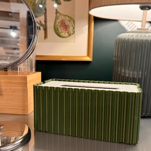 May include: A rectangular tissue box cover featuring a deep olive green exterior with a vertical ribbed texture and a contrasting smooth white top panel with a central rectangular opening for dispensing tissues.