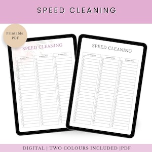 Könnte beinhalten: Zwei digitale Tablets mit "Speed Cleaning" Checklisten. Jede Checkliste hat Spalten für 15, 30 und 60 Minuten, mit Reihen von Kreisen zur Aufgabenverfolgung. Der Text "Printable PDF" befindet sich in einem Kreis. Der Text "Digital | Two Colours Included | PDF" steht unten.