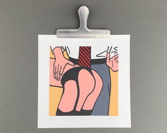Erotic Art Print | A Spanking Good Time | Linocut Print