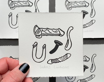 Erotic Art Print | Dildos I | Mini Linocut Print
