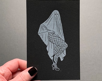 Linocut Print | Hot Ghoul Halloween | Fishnet Ghost