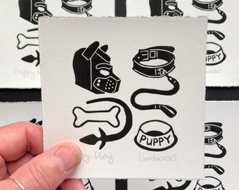 Fetish Art | Puppy Play | Mini Linocut Print