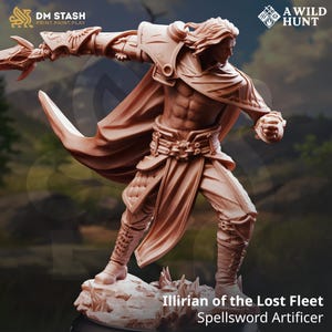 Puede incluir: Figura detallada de color marrón claro de un guerrero masculino en una pose dinámica, empuñando una espada. La figura está vestida con armadura y una capa fluida. El texto "Illirian of the Lost Fleet Spellsword Artificer" está en la parte inferior, con los logotipos "DM STASH PRINT.PAINT.PLAY" y "A WILD HUNT" en la parte superior.