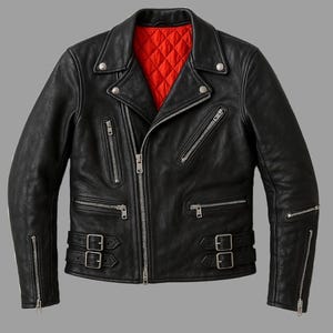 Jaqueta masculina de couro bovino preto estilo motociclista, retrô anos 80, com forro acolchoado vermelho.