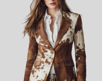 Handmade Hair-On Cowhide Leather Blazer | Customized Womens Genuine Pony Skin Western Cow Print Jacket