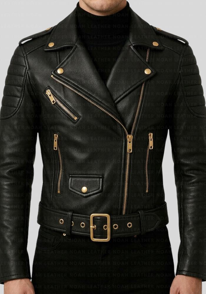 Mens Black Leather Biker Moto Jacket, Gold Zipper Moto Jacket, Handmade ...