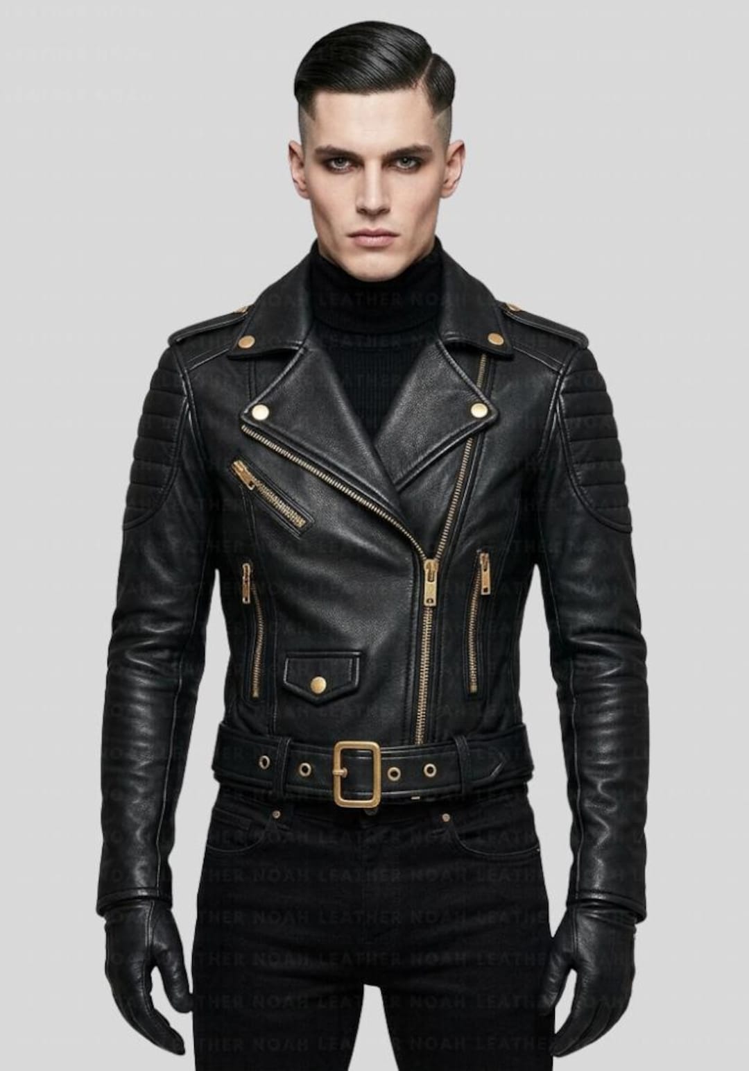 Mens Black Leather Biker Moto Jacket, Gold Zipper Moto Jacket, Handmade ...
