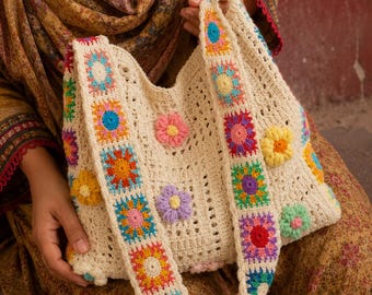 Peut inclure: Sac fourre-tout en crochet crème avec un motif floral. Le sac présente des motifs carrés colorés et des appliqués de fleurs en 3D de différentes couleurs. La bandoulière est également ornée des mêmes motifs carrés.