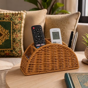 Rattan Desk Organizer Basket, Wicker Pen Holder, Remote Control Organizer, Handmade Office Storage