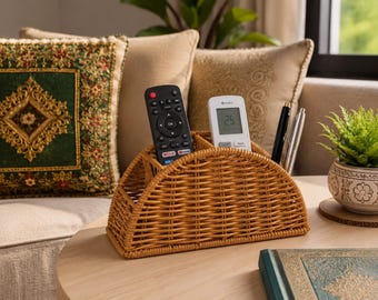 Panier organisateur de bureau en rotin, Porte-stylo en osier, Organiseur de télécommande, Rangement de bureau fait main