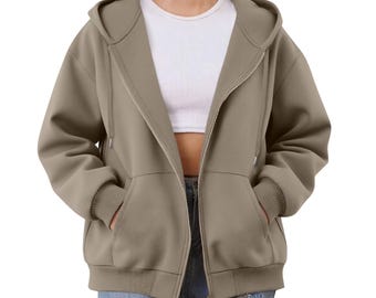 Felpa con cappuccio e zip da donna Mohiass, vestibilità comoda, oversize, leggera, ideale per l'autunno 2026, colore cammello, taglia L.