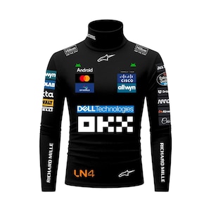 May include: Black turtleneck long-sleeve shirt with sponsor logos including Dell Technologies, Cisco, and Android. The shirt also features the text "RICHARD MILLE" on the sleeves and the number "LN4" in orange.
