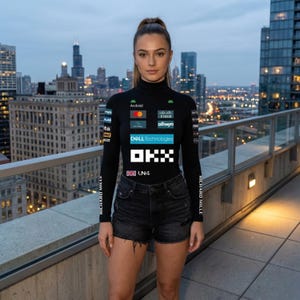 May include: A black long-sleeved turtleneck top with various logos and text, including "Android," "Dell Technologies," and "LN4." The top is paired with black denim shorts. The background features a cityscape with tall buildings.