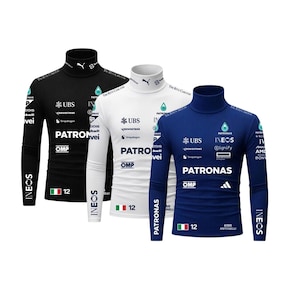 May include: Three long-sleeve turtleneck shirts in black, white, and blue. Each shirt features sponsor logos including Petronas, UBS, and OMP, along with an Italian flag graphic, the number 12, and the name Kimi Antonelli on the blue shirt.