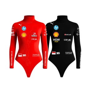 May include: Two long-sleeved bodysuits, one red and one black, with a turtleneck design. Both feature sponsor logos, the number "16", and the text "CHARLES LECLERC". The red bodysuit has "RICHARD MILLE" printed on the sleeve.